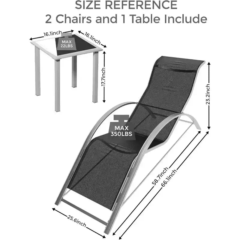 Patio Chaise Lounge Set of 3, Outdoor Pool/Beach Sunbathing Lawn Lounger with Arm & Side Table, for Poolside, Backyard