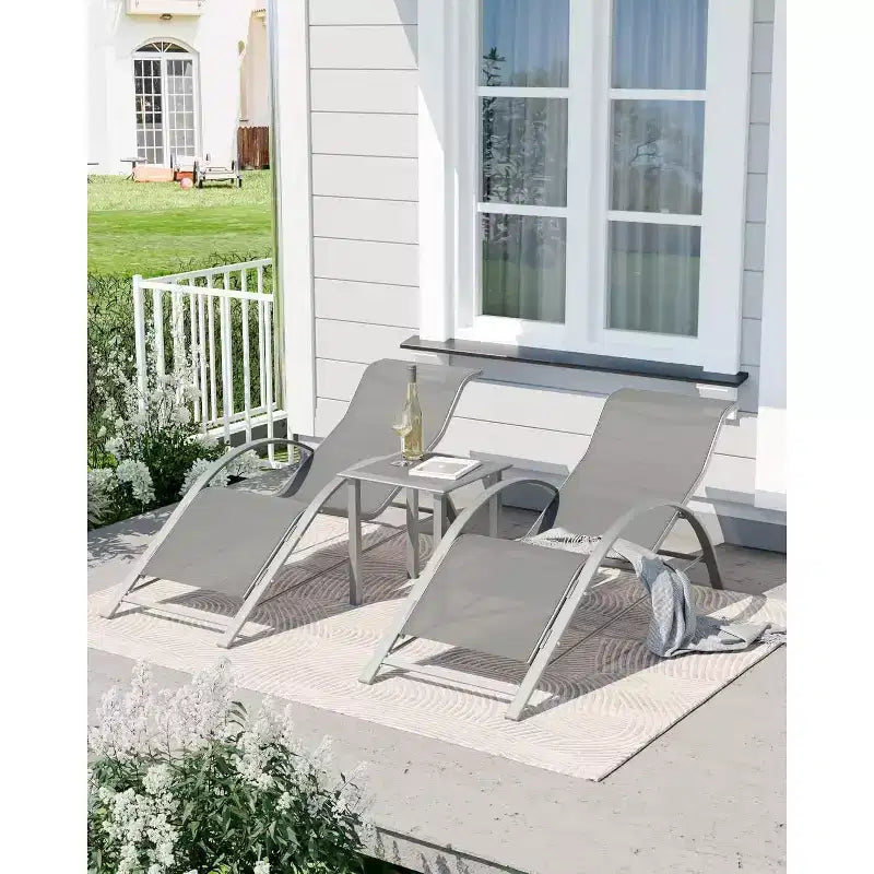 Patio Chaise Lounge Set of 3, Outdoor Pool/Beach Sunbathing Lawn Lounger with Arm & Side Table, for Poolside, Backyard