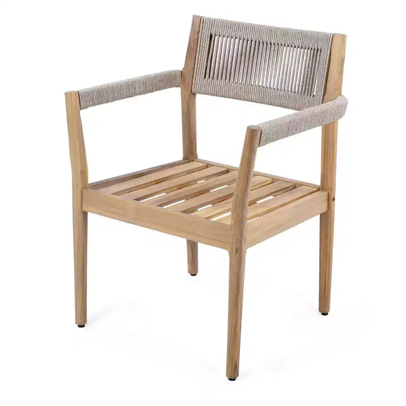 NAYSAYE Patio Dining Sets Braided Acacia Wood Dining Chairs with Cushions and Armrests for Garden Poolside, Cream and Beige, 23.25*21.5*32.25