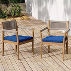NAYSAYE Patio Dining Sets Braided Acacia Wood Dining Chairs with Cushions and Armrests for Garden Poolside, Navy and Beige, 23.25*21.5*32.25