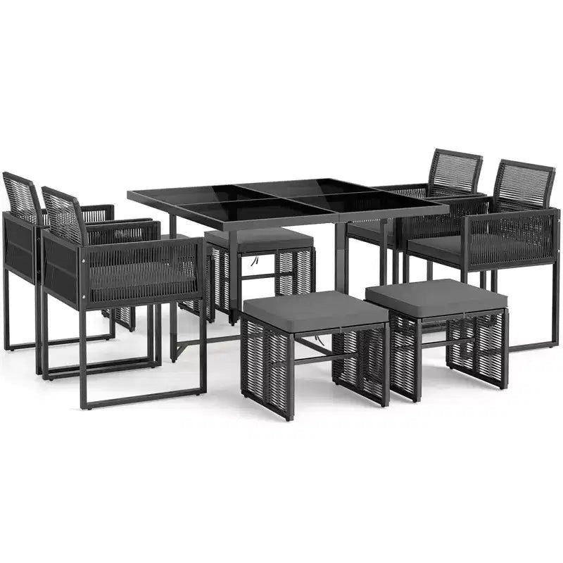 Costway 9 PCS Patio Dining Set with PE Rattan Chairs Tempered Glass Table and Ottomans