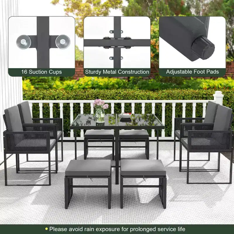 Costway 9 PCS Patio Dining Set with PE Rattan Chairs Tempered Glass Table and Ottomans