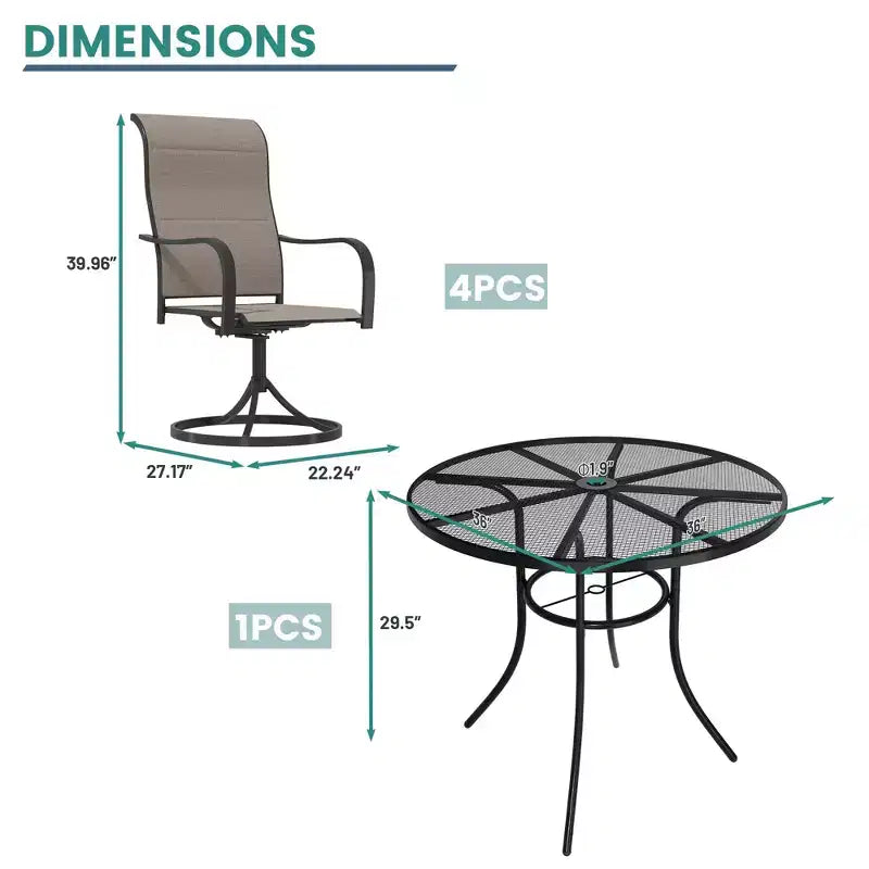 Mondawe 5-Piece Outdoor Dining Set With 4 Swivel Chairs & 1 Steel Mesh Circle Table With Umbrella Hole