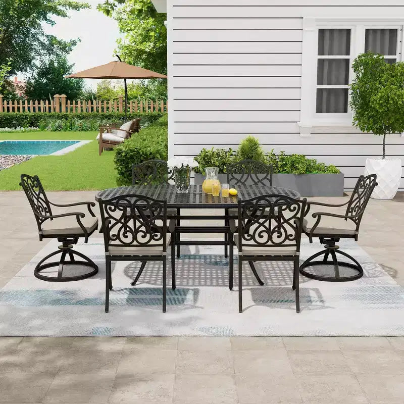 Mondawe 7 Pieces Cast Aluminum Outdoor Table Dining Set with 4 Dining Chairs & 2 Swivel Rockers