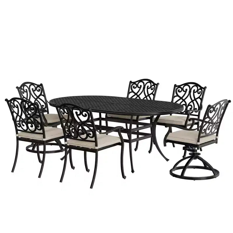 Mondawe 7 Pieces Cast Aluminum Outdoor Table Dining Set with 4 Dining Chairs & 2 Swivel Rockers