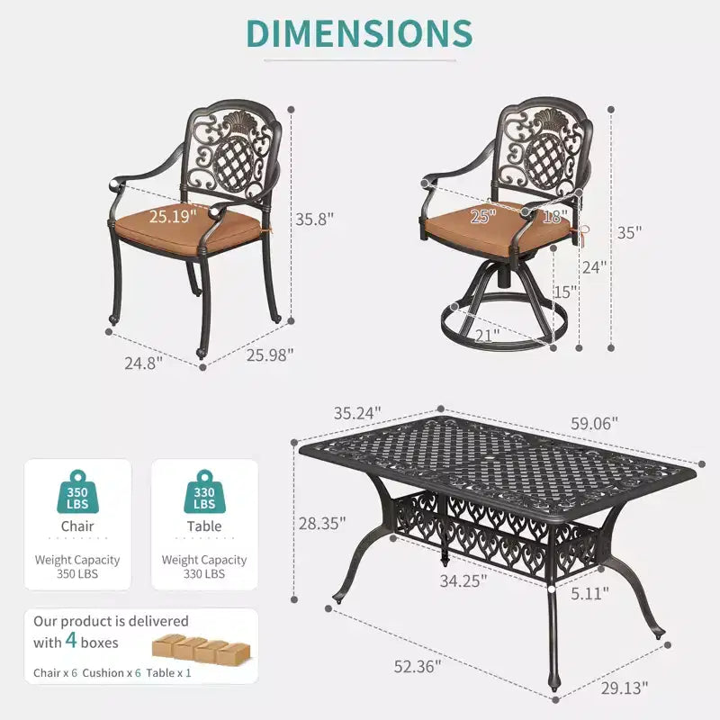 7 Piece Patio Furniture Dining Set, All-Weather Outdoor Table and Chairs for 6, Includes 4 Dining Chair & 2 Swivel Chairs & 60'' Rectangular Table