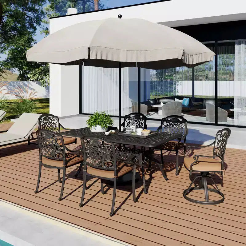 7 Piece Patio Furniture Dining Set, All-Weather Outdoor Table and Chairs for 6, Includes 4 Dining Chair & 2 Swivel Chairs & 60'' Rectangular Table