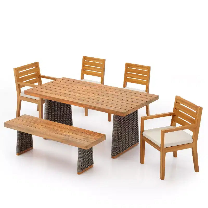 Christopher Knight Home Miranda Rustic 6 Piece Outdoor Rattan Acacia Wood Slatted Dining Set with Cushions