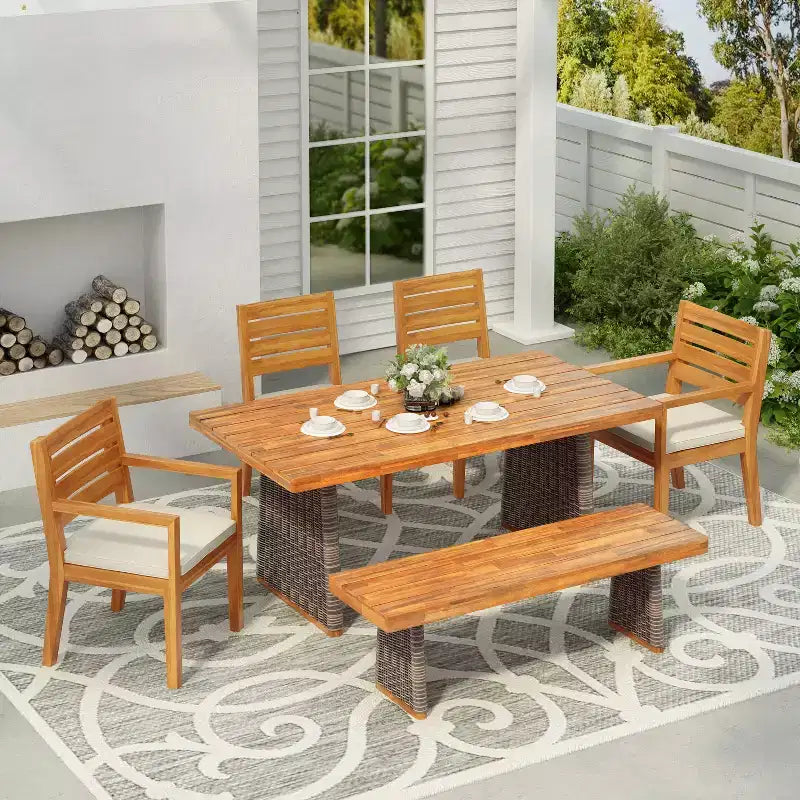 Ensemble de salle à manger d'extérieur rustique Christopher Knight Home Juliette 7 pièces en rotin et bois d'acacia à lattes avec coussins