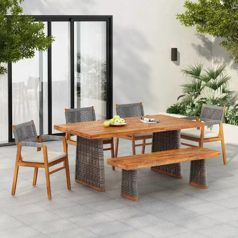 Christopher Knight Home Amara Rustic 6 Piece Outdoor Acacia Wood Dining Set with Rattan Slatted Table and Cushions