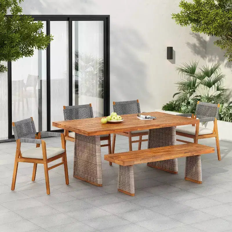 Christopher Knight Home Liliana Rustic 6 Piece Outdoor Acacia Wood Dining Set with Rattan Slatted Table and Cushions