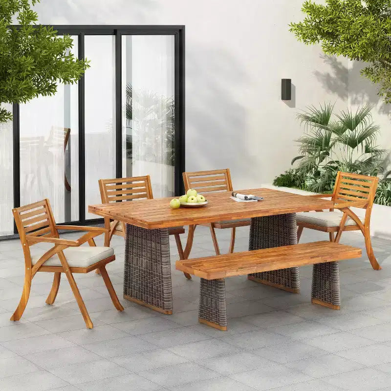 Christopher Knight Home Clara Rustic 6 Piece Outdoor Rattan Slatted Acacia Wood Dining Set with Cushions