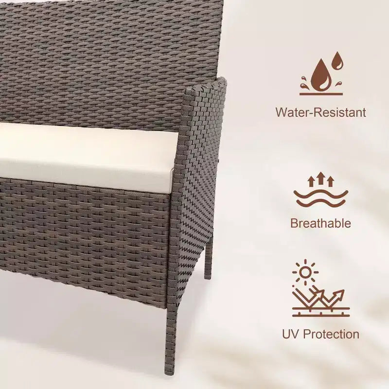 4 Piece Patio Furniture Set, Outdoor Deck Rattan Chair Wicker Combo Furniture, All Weather Dialogue Rattan Sofa with Upholstery and Glass Table