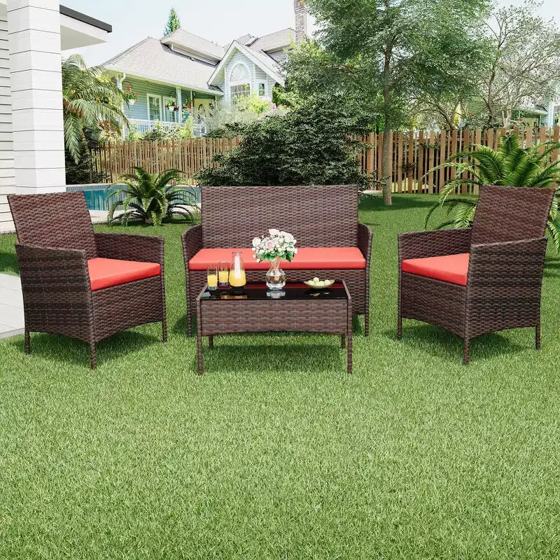 4 Piece Patio Furniture Set, Outdoor Deck Rattan Chair Wicker Combo Furniture, All Weather Dialogue Rattan Sofa with Upholstery and Glass Table