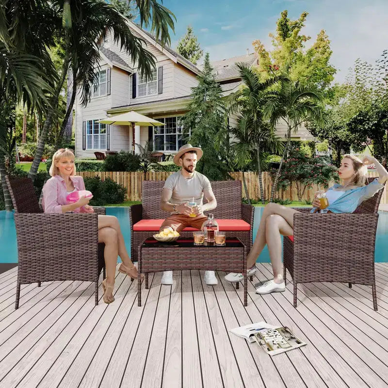 4 Piece Patio Furniture Set, Outdoor Deck Rattan Chair Wicker Combo Furniture, All Weather Dialogue Rattan Sofa with Upholstery and Glass Table
