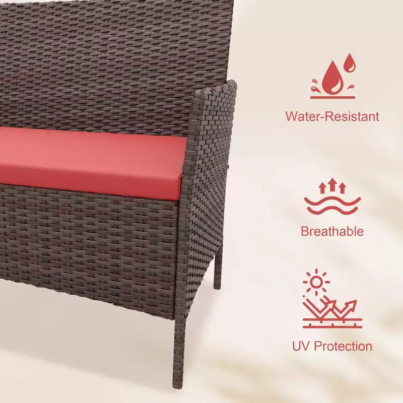 4 Piece Patio Furniture Set, Outdoor Deck Rattan Chair Wicker Combo Furniture, All Weather Dialogue Rattan Sofa with Upholstery and Glass Table