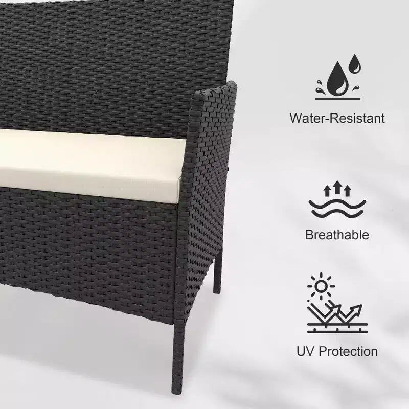 4 Piece Patio Furniture Set, Outdoor Deck Rattan Chair Wicker Combo Furniture, All Weather Dialogue Rattan Sofa with Upholstery and Glass Table
