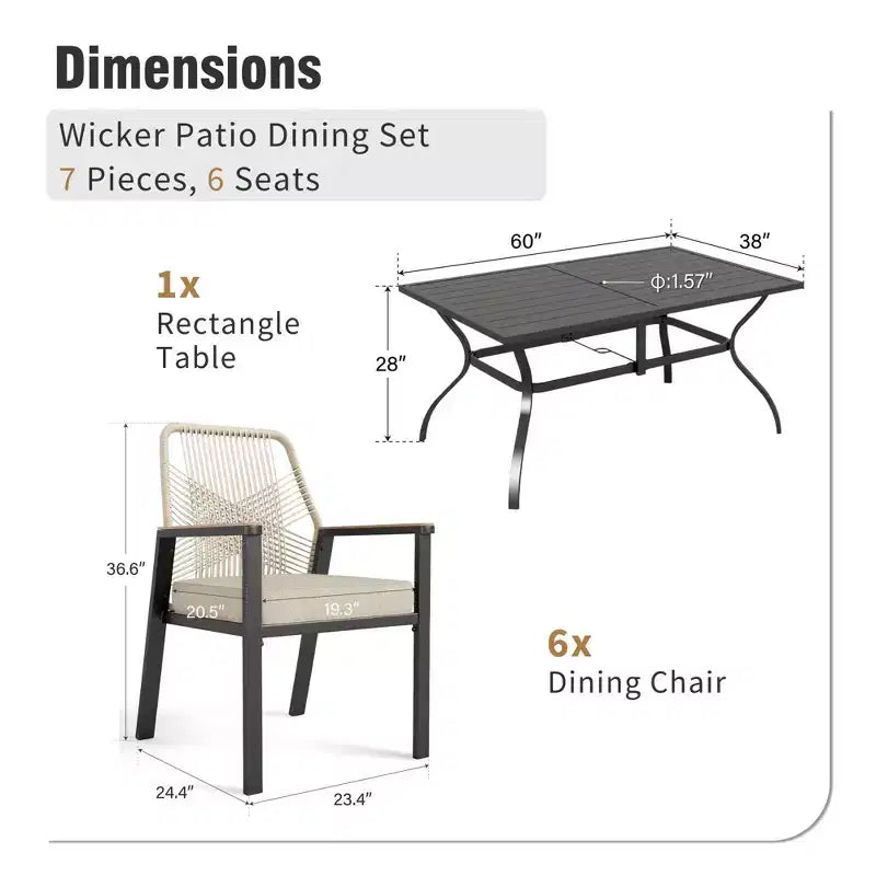 Captiva Designs Ensemble Repas d'Extérieur 7 Pièces - Table Rectangulaire en Acier à Lattes et Chaises Fixes en Rotin Beige