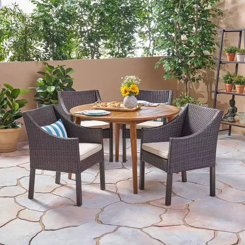 Christopher Knight Home Torrence Outdoor Acacia Wood and Wicker 5 Piece Dining Set with Cushion