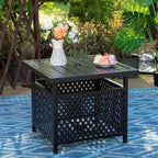 Captiva Designs 3pc Outdoor Patio Dining Steel Table & Gray Wood-look Arm Textilene Sling Chairs