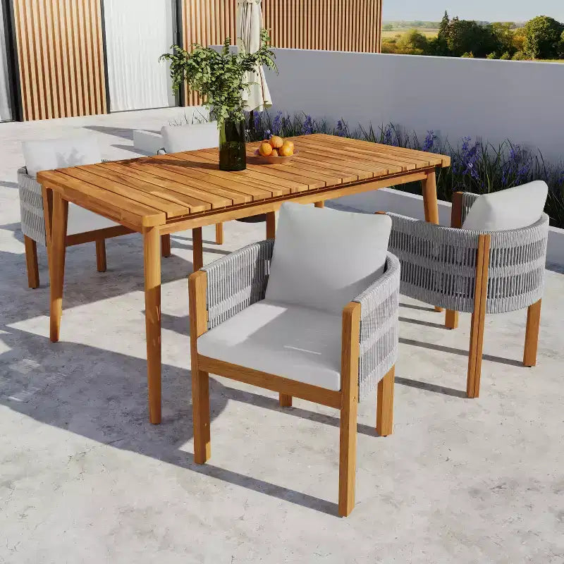 Christopher Knight Home Corin Elara, ensemble de salle à manger d'extérieur 5 pièces en bois d'acacia et corde tressée avec table à lattes et coussins