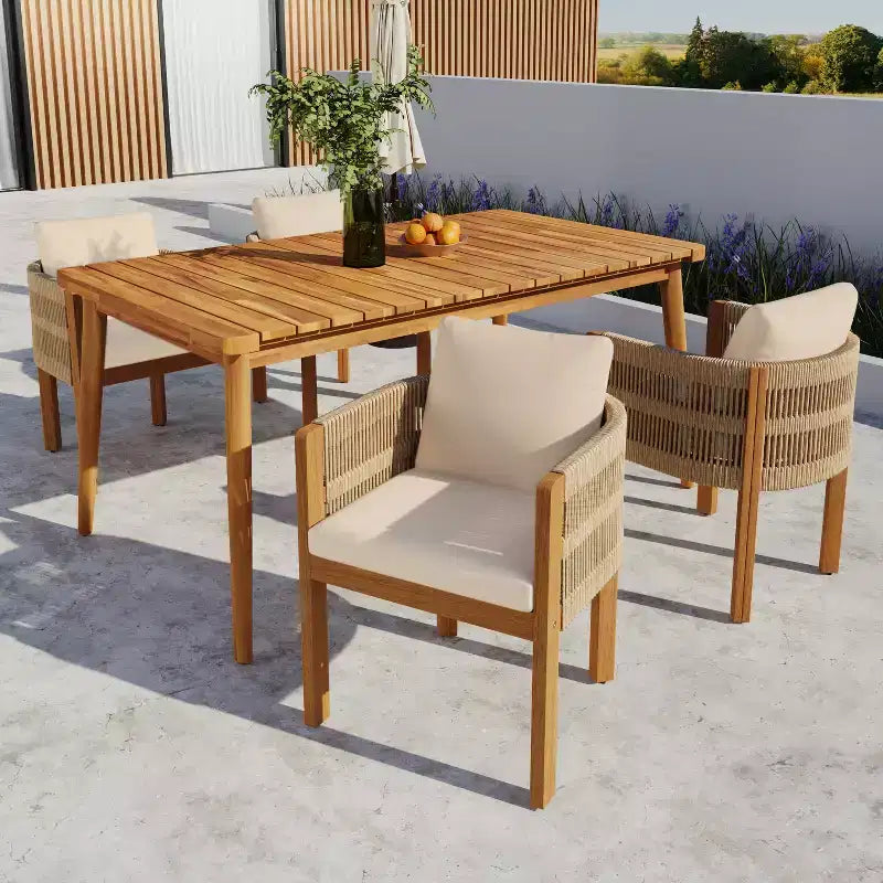 Christopher Knight Home Corin Elara, ensemble de salle à manger d'extérieur 5 pièces en bois d'acacia et corde tressée avec table à lattes et coussins