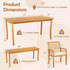 Costway 6PSCPatioDiningSet AcaciaWoodTableandBenchChairswith 1.97 Umbrella Hole
