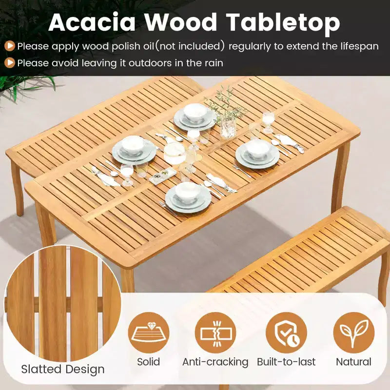 Costway 6PSCPatioDiningSet AcaciaWoodTableandBenchChairswith 1.97 Umbrella Hole