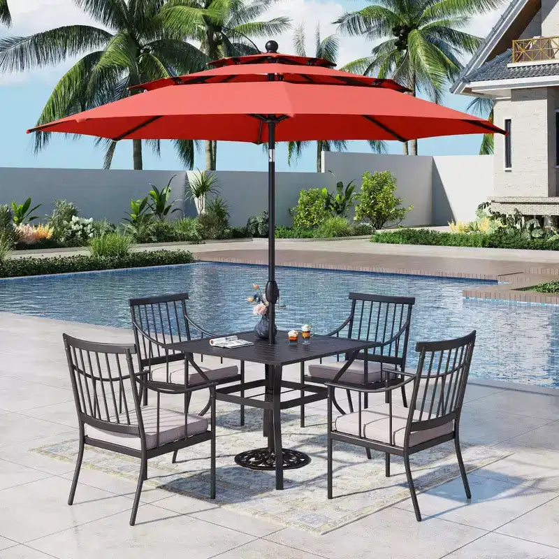 Captiva Designs 6pc Patio Square Table with Steel Frame & Stylish Cushioned Chairs &10ft Umbrella