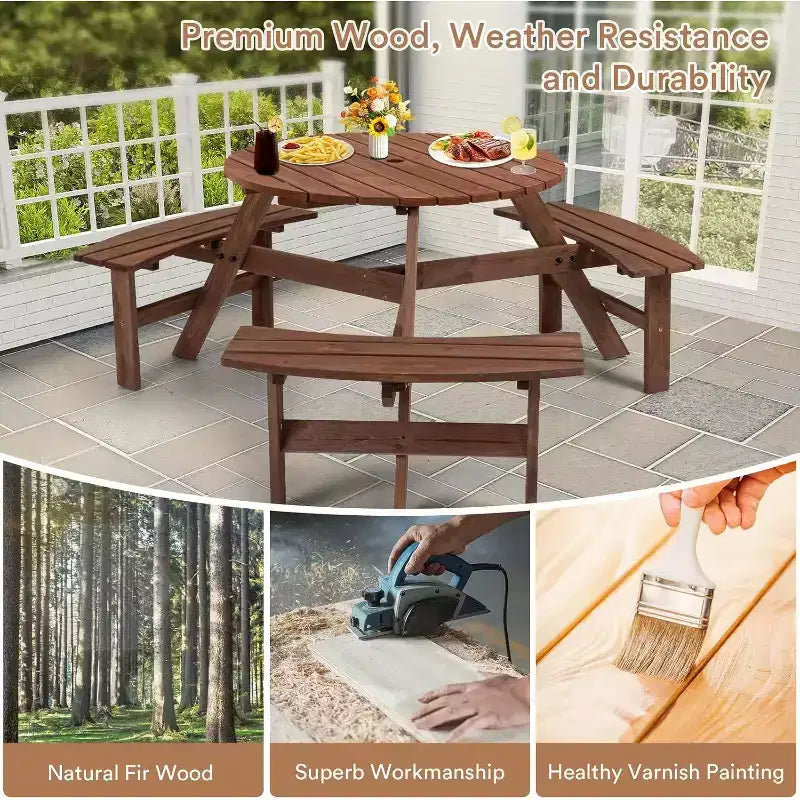 Zevemomo 6-Person Wood Picnic Table, Round Tabletop with Umbrella Hole, 3 Built-in Curved Benches, 1720LBS Total Capacity for Balcony, Garden, Brown