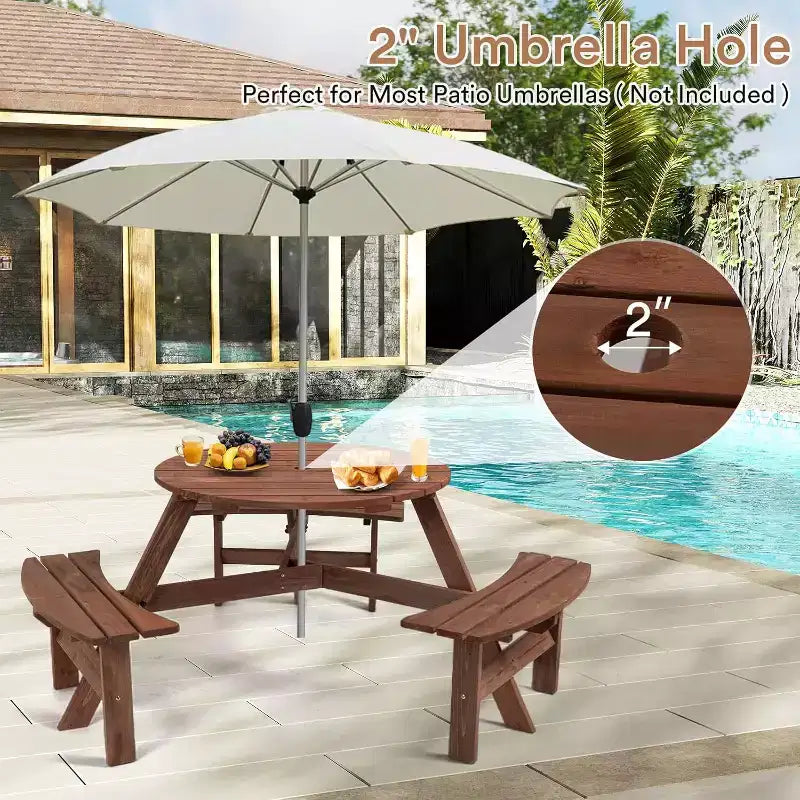 Zevemomo 6-Person Wood Picnic Table, Round Tabletop with Umbrella Hole, 3 Built-in Curved Benches, 1720LBS Total Capacity for Balcony, Garden, Brown