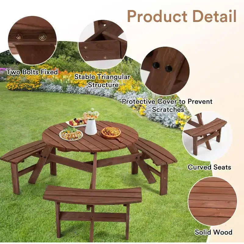 Zevemomo 6-Person Wood Picnic Table, Round Tabletop with Umbrella Hole, 3 Built-in Curved Benches, 1720LBS Total Capacity for Balcony, Garden, Brown
