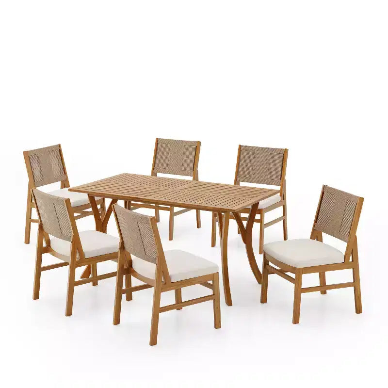Christopher Knight Home Maurice 7 Piece Patio Rustic Acacia Wood Dining Set with Wicker Woven Chair