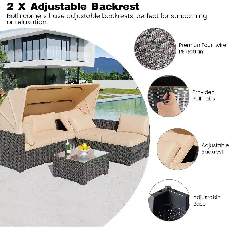 Patio Furniture Set, 6pcs Outdoor Rattan Wicker with Retractable Canopy & Soft Cushions, Sectional Sofa & Table with Storage, Beige Cushions