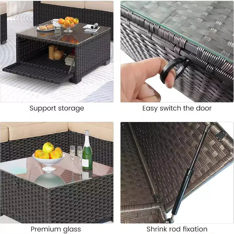 Patio Furniture Set, 6pcs Outdoor Rattan Wicker with Retractable Canopy & Soft Cushions, Sectional Sofa & Table with Storage, Beige Cushions