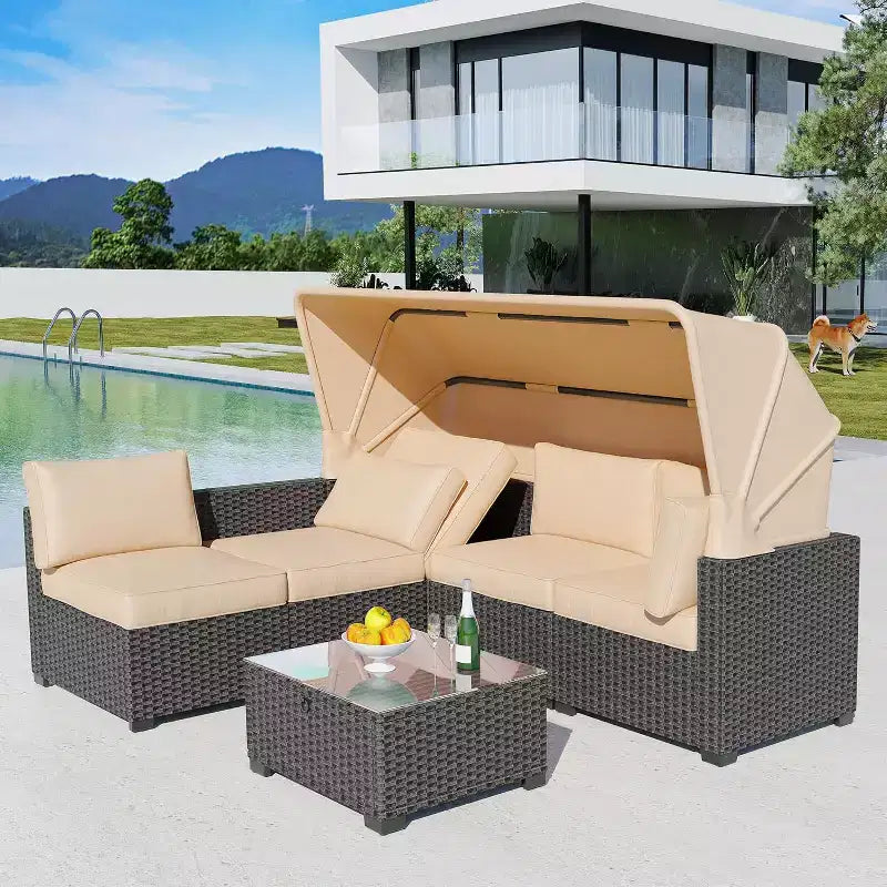 Patio Furniture Set, 6pcs Outdoor Rattan Wicker with Retractable Canopy & Soft Cushions, Sectional Sofa & Table with Storage, Beige Cushions