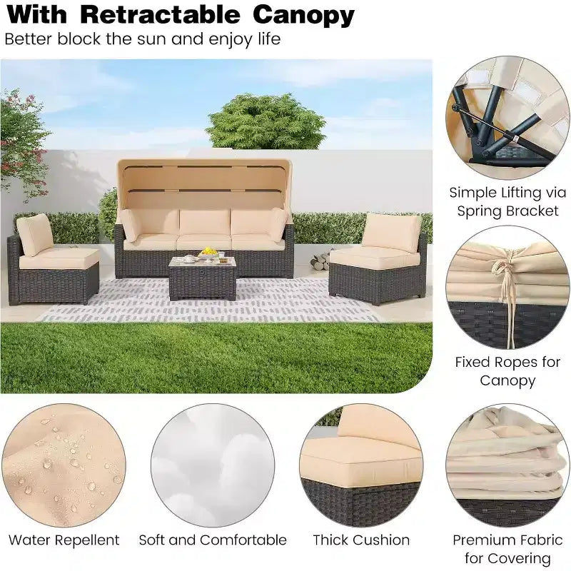 Patio Furniture Set, 6pcs Outdoor Rattan Wicker with Retractable Canopy & Soft Cushions, Sectional Sofa & Table with Storage, Beige Cushions