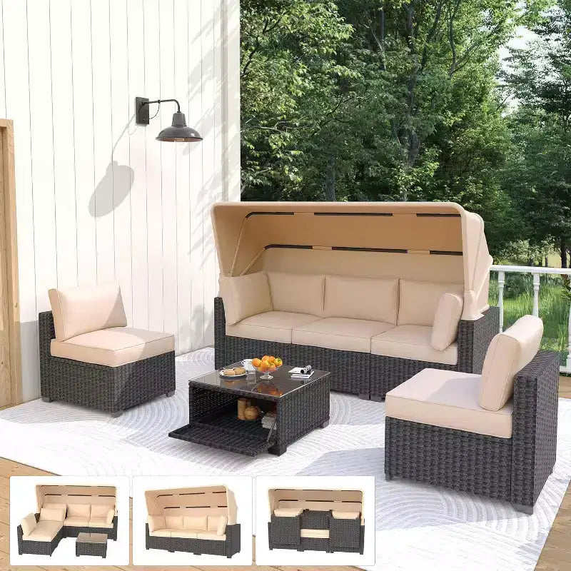 Patio Furniture Set, 6pcs Outdoor Rattan Wicker with Retractable Canopy & Soft Cushions, Sectional Sofa & Table with Storage, Beige Cushions