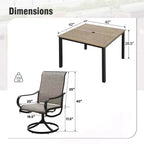 Captiva Designs Ensemble de salle à manger d'extérieur 5 pièces avec table carrée en acier et chaises pivotantes en métal avec toile textile