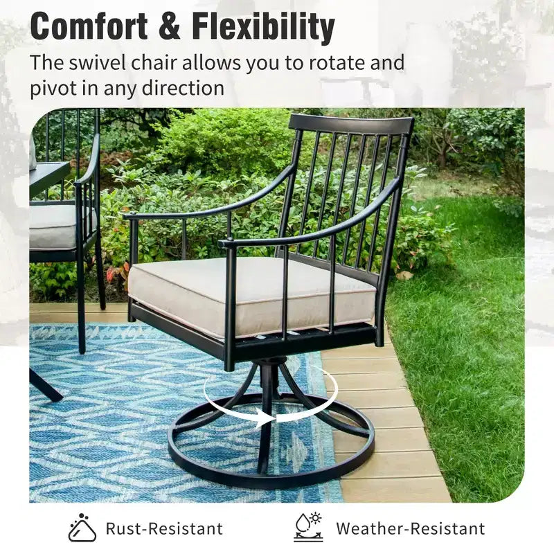 Captiva Designs 7pc Patio Slatted Top Steel Dining Table with Umbrella Hole & Stylish Cushioned Metal Chairs