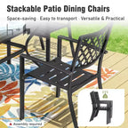 Ensemble de salle à manger 7 pièces Captiva Designs avec table en acier à lattes et trou de parasol et chaises élégantes en métal à dossier.