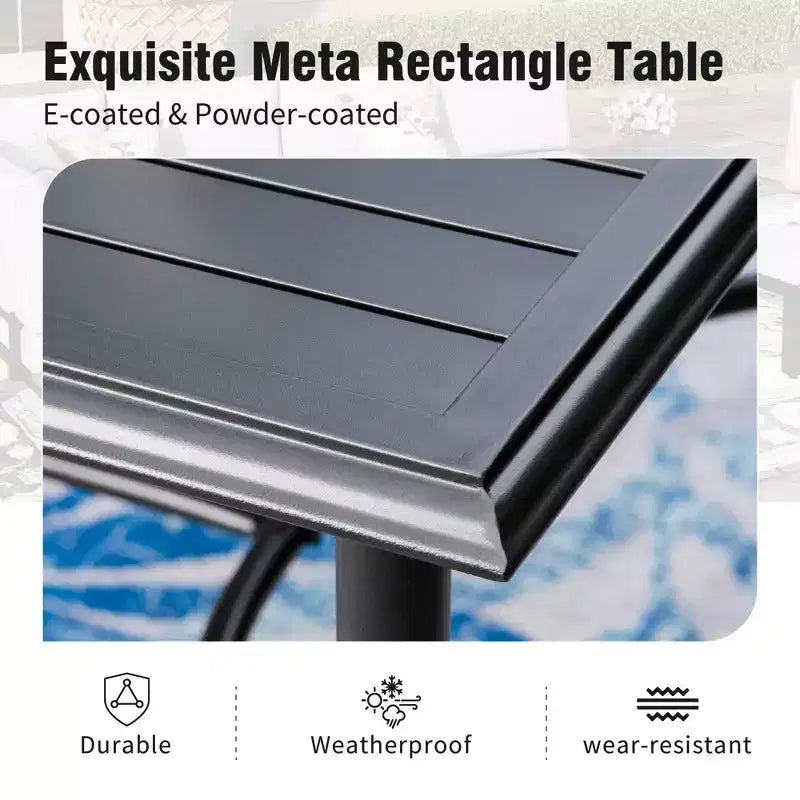 Captiva Designs 7pc Patio Slatted Top Steel Dining Table with Umbrella Hole & Stylish Back Metal Chairs
