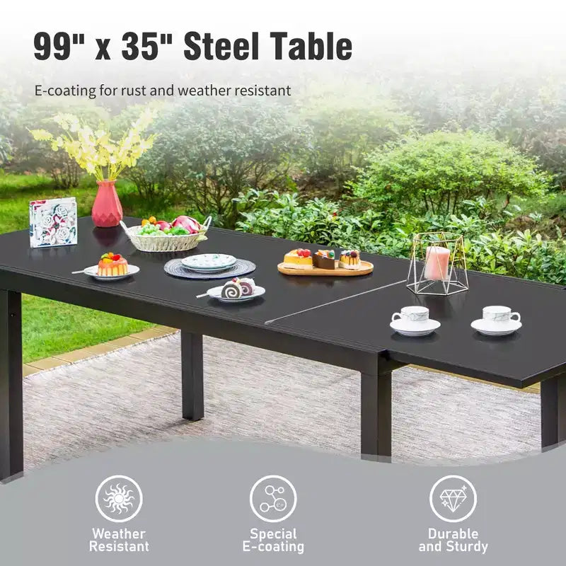 Captiva Designs 9pc Outdoor Patio Expandable Steel Dining Table & & Crescent Arm Rattan Chairs