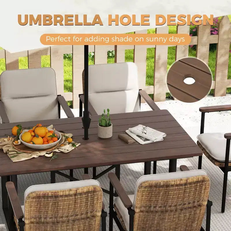 HAPPATIO 7 Piece Patio Dining Set Outdoor, 6 Wicker Chairs with Aluminum Frame and Olefin Cushions, Wooden Dining Table for Backyard Garden Porch