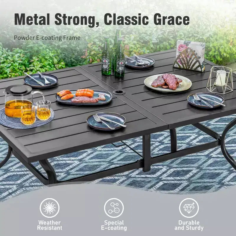 Captiva Designs 8pc Outdoor Slat-top Rectangular Steel Dining Table & Black Steel Chairs & Beige Umbrella