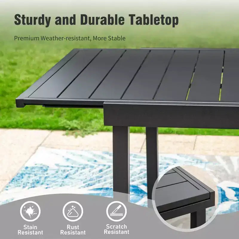 Captiva Designs 7pc Patio Dining Slat-top Expandable Rectangle Steel Table & Stylish Back Metal Chairs