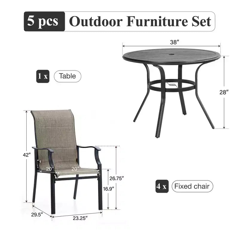 Table et chaises de salle à manger rondes d'extérieur Captiva Designs 5 pièces en acier avec plateau à lattes noires et chaises en toile tendue à structure en acier