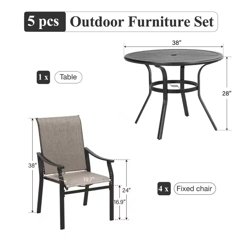 Table et chaises de salle à manger rondes d'extérieur Captiva Designs 5 pièces en acier avec plateau à lattes noires et chaises en toile tendue à structure en acier