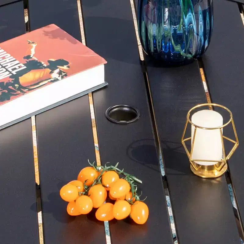 Table et chaises de salle à manger rondes d'extérieur Captiva Designs 5 pièces en acier avec plateau à lattes noires et chaises en toile tendue à structure en acier