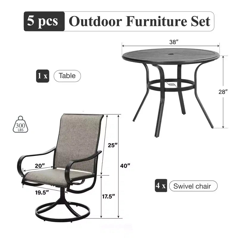 Table et chaises de salle à manger rondes d'extérieur Captiva Designs 5 pièces en acier avec plateau à lattes noires et chaises en toile tendue à structure en acier
